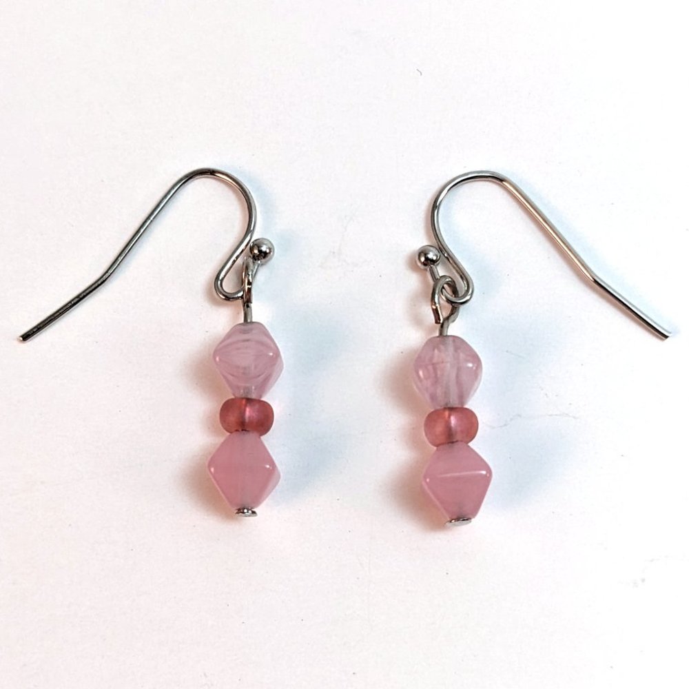 Handmade Pink Glass Beaded Drop Earrings Pastel Delicate Dainty Feminine